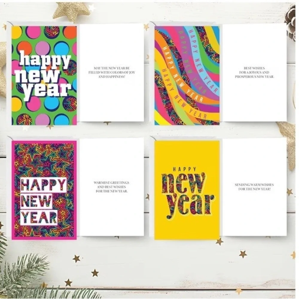 Happy New Year Cards Boxed Set 16 with Envelopes, Gold Seal Stickers 6.75